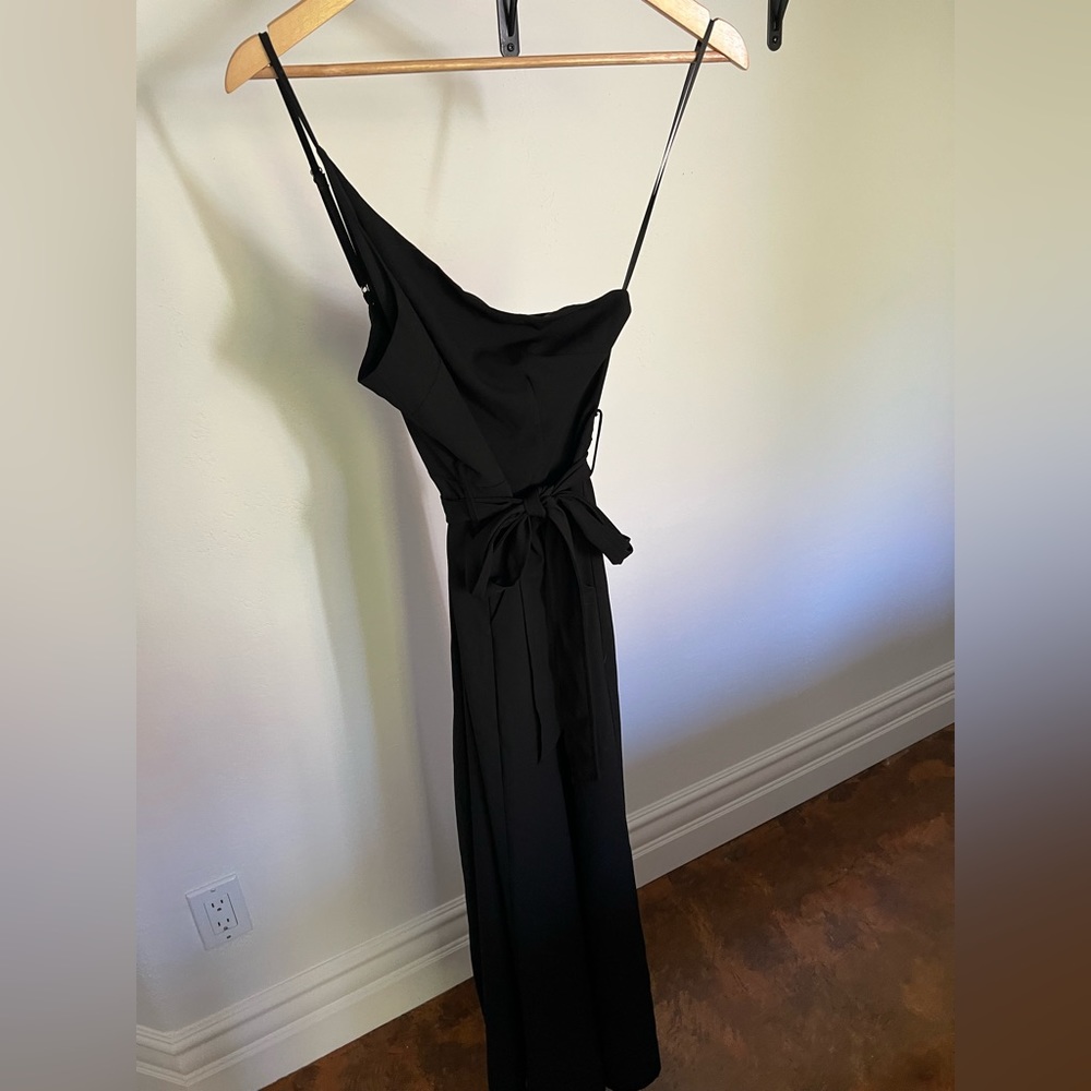 Black one shoulder jumpsuit with waist tie